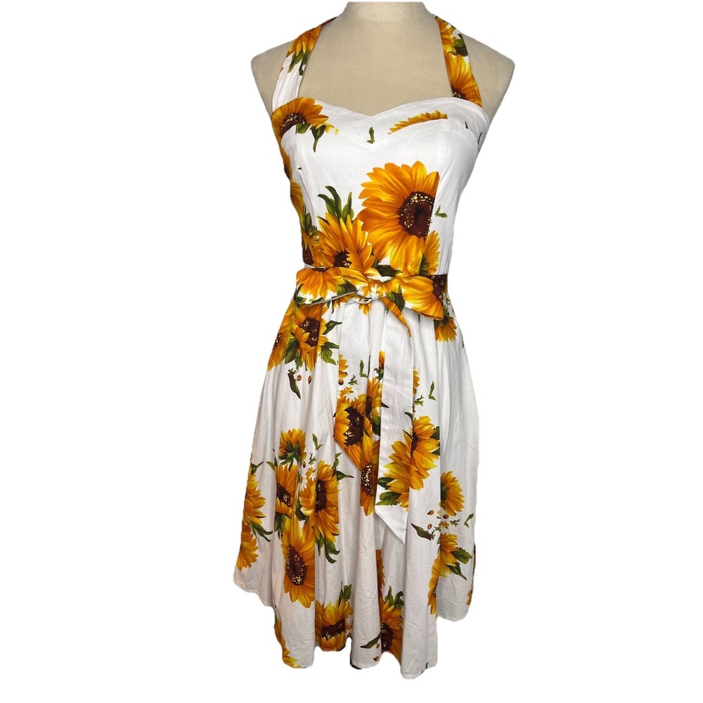 Topdress 1950s Halter Retro Cocktail Dress Sunflower Lace Up Corset Back M